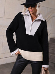 Color Block Half-Zip Dropped Shoulder Knit Pullover - Trendsi