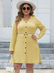 Plus Size Ribbed Buttoned V-Neck Long Sleeve Dress - Flyclothing LLC