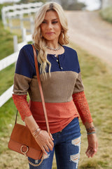 Color Block Spliced Lace Sleeve Ribbed Top - Flyclothing LLC