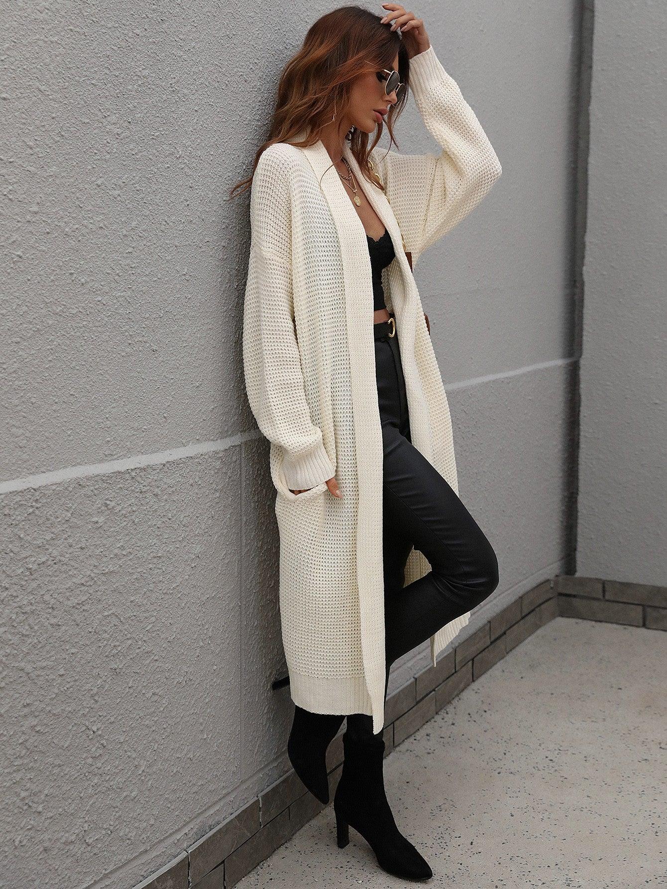 Waffle Knit Open Front Duster Cardigan With Pockets - Flyclothing LLC