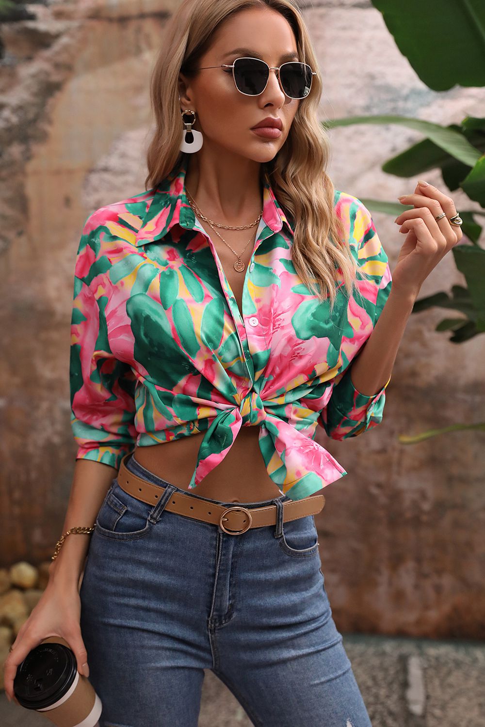 Floral Print Collared Neck Long Sleeve Shirt - Flyclothing LLC