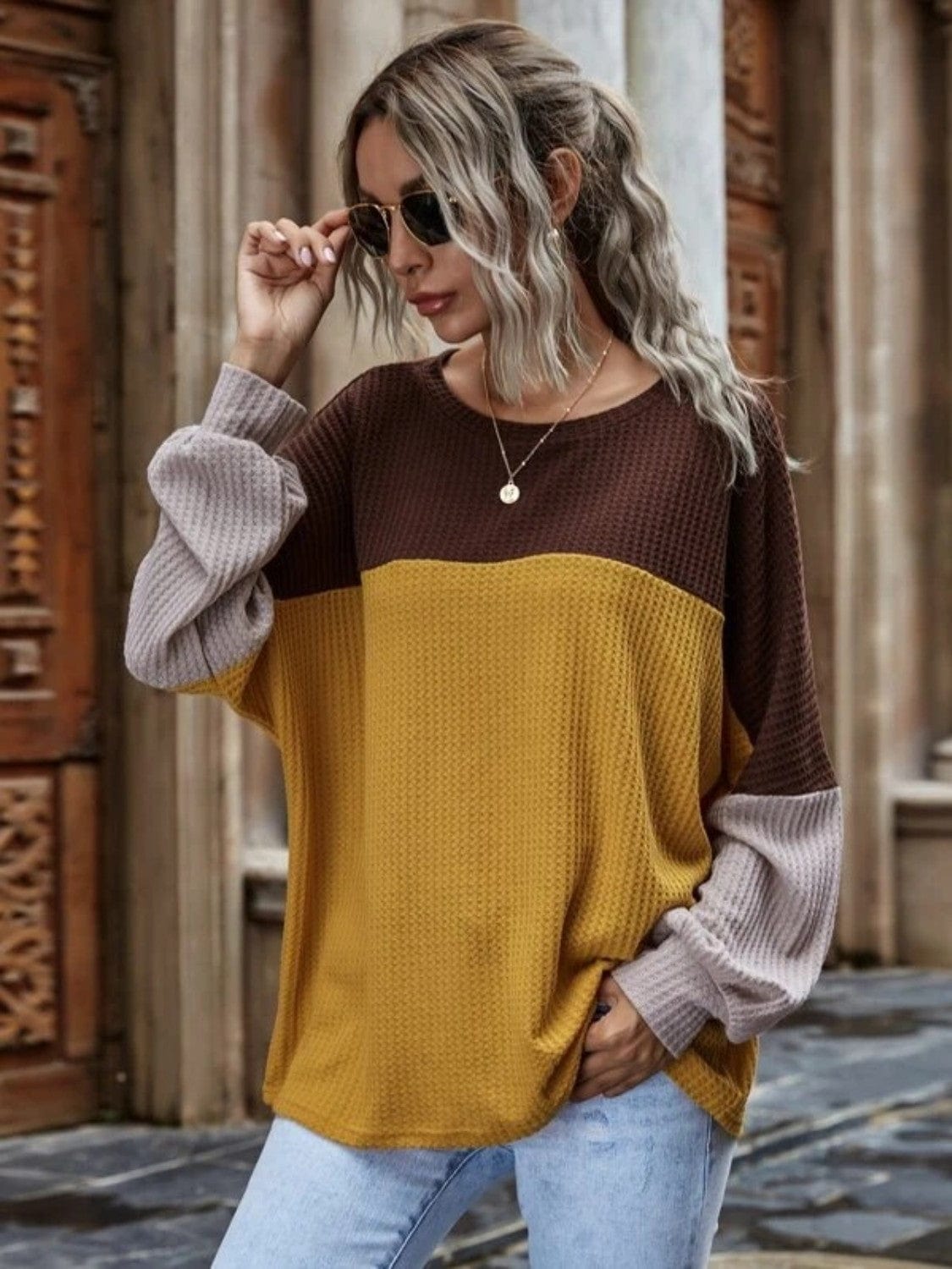 Color Block Waffle-Knit Long Sleeve Top - Trendsi