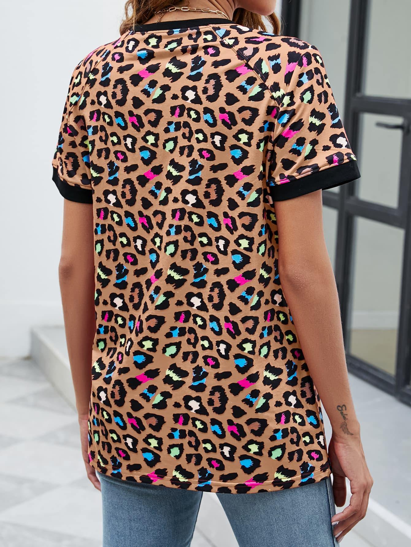 Leopard Round Neck Short Sleeve Tee Shirt - Trendsi