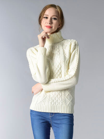 Cable-Knit Turtleneck Pullover Sweater - Flyclothing LLC