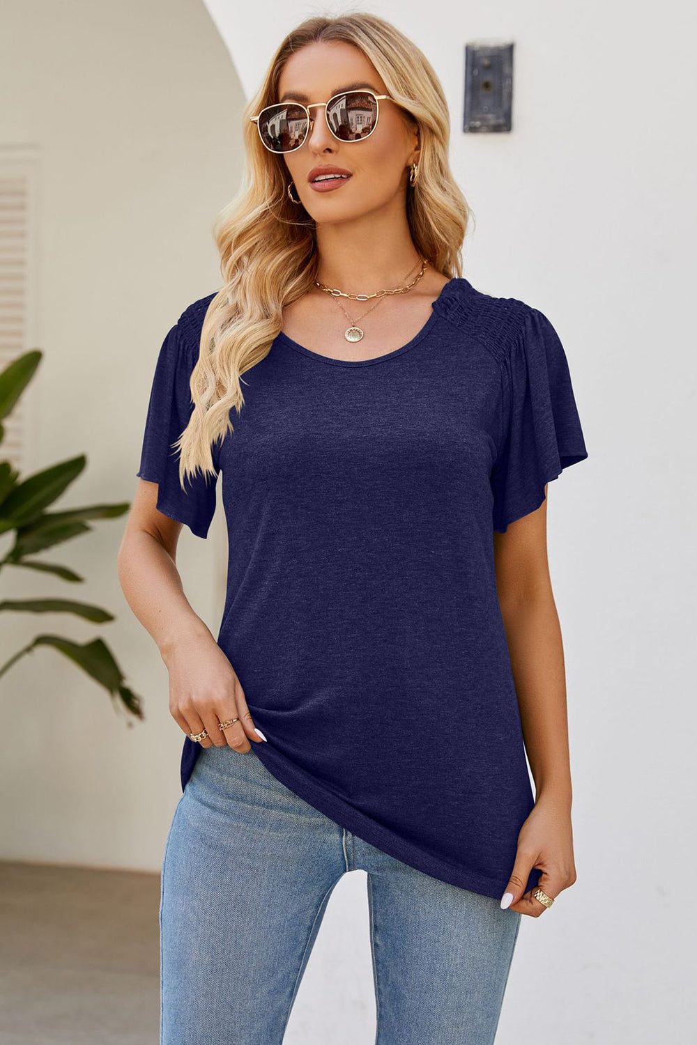 Smocked Round Neck Flutter Sleeve T-Shirt - Flyclothing LLC