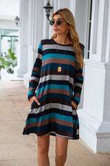 Striped Round Neck Long Sleeve Dress - Flyclothing LLC