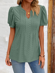 Eyelet Notched Puff Sleeve T-Shirt - Flyclothing LLC