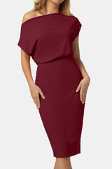 Boat Neck Short Sleeve Knee-Length Dress - Flyclothing LLC