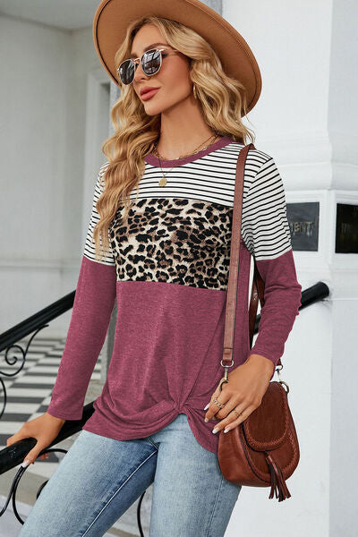 Leopard Striped Round Neck T-Shirt - Flyclothing LLC