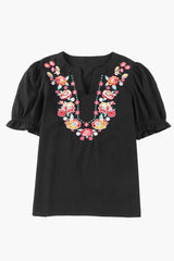 Embroidered Notched Neck Flounce Sleeve Top - Flyclothing LLC