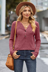 Ribbed Half Button Long Sleeve Knit Top - Trendsi