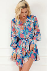 Floral Tie Waist Lantern Sleeve Ruffled Hem Mini Dress - Flyclothing LLC