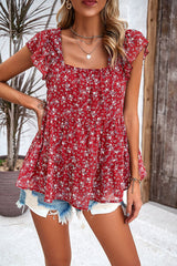 Printed Square Neck Cap Sleeve Blouse - Flyclothing LLC