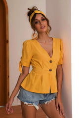 Buttoned V-Neck Short Sleeve Blouse - Flyclothing LLC