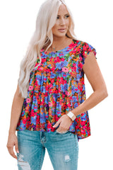 Floral Round Neck Frill Trim Blouse - Flyclothing LLC