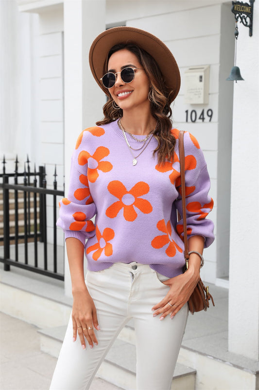 Floral Print Round Neck Dropped Shoulder Pullover Sweater - Flyclothing LLC