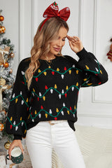 Round Neck Pattern Lantern Sleeve Sweater - Flyclothing LLC