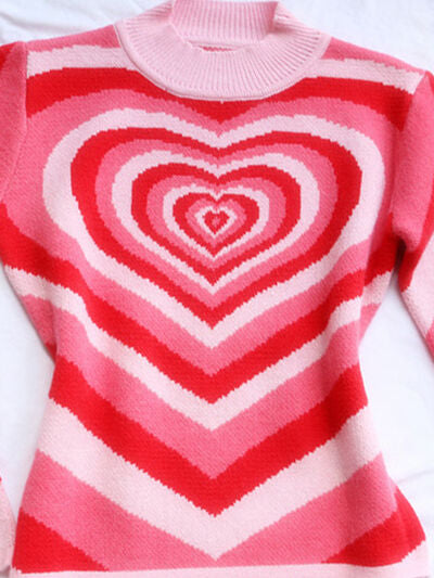 Heart Mock Neck Long Sleeve Sweater - Flyclothing LLC