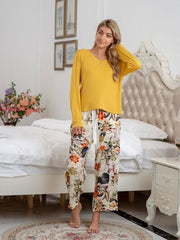 Round Neck Top and Printed Pants Lounge Set - Flyclothing LLC