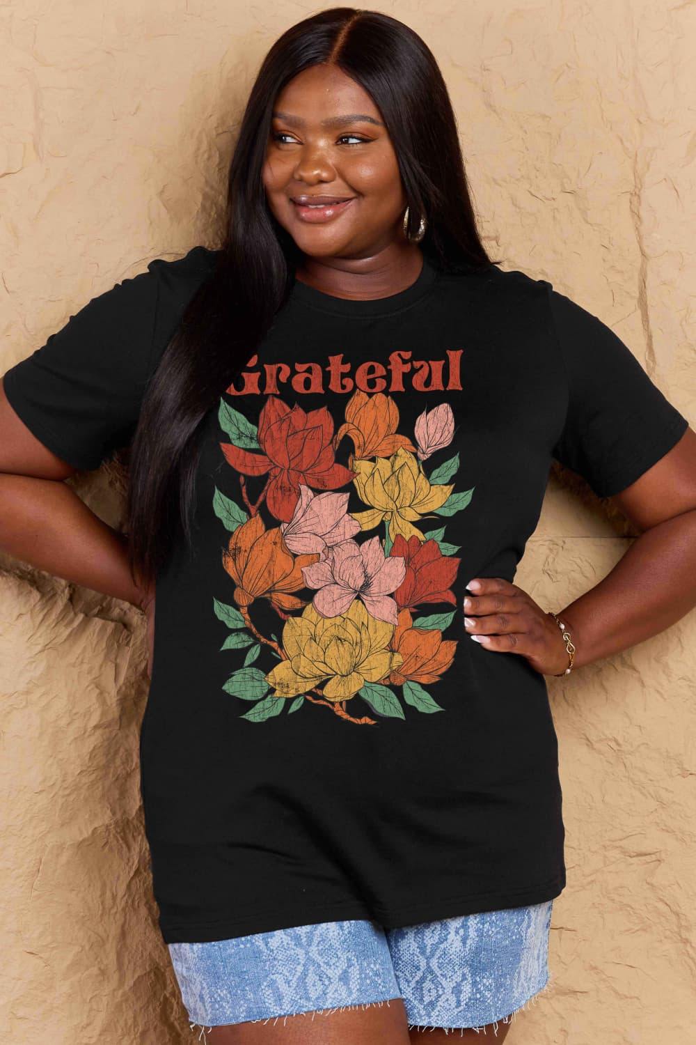 Simply Love Full Size GRATEFUL Flower Graphic Cotton T-Shirt - Flyclothing LLC