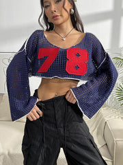 Contrast Patches Long Sleeve Cropped Knit Top - Flyclothing LLC