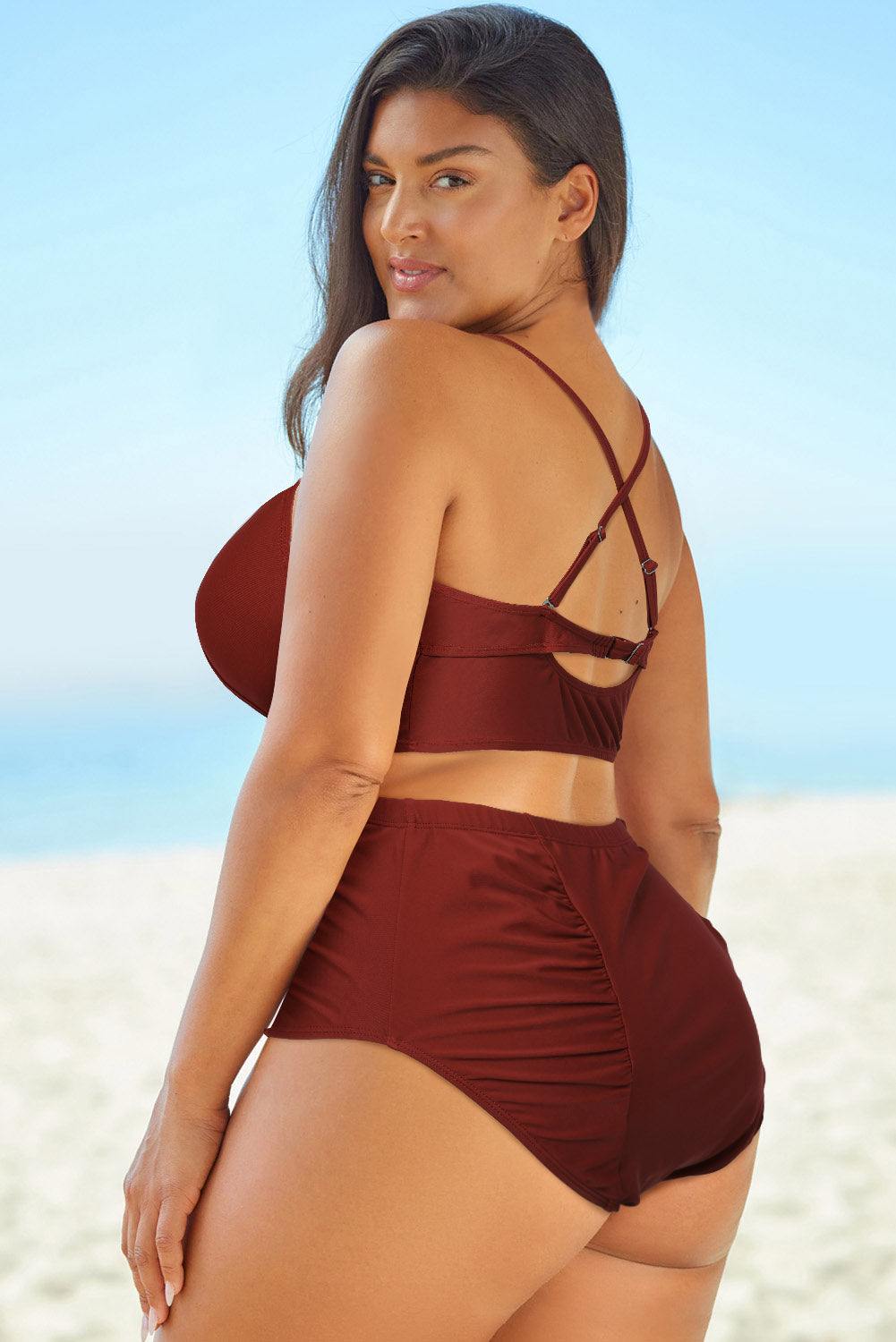 Halter Neck Crisscross Ruched Two-Piece Swimsuit - Flyclothing LLC