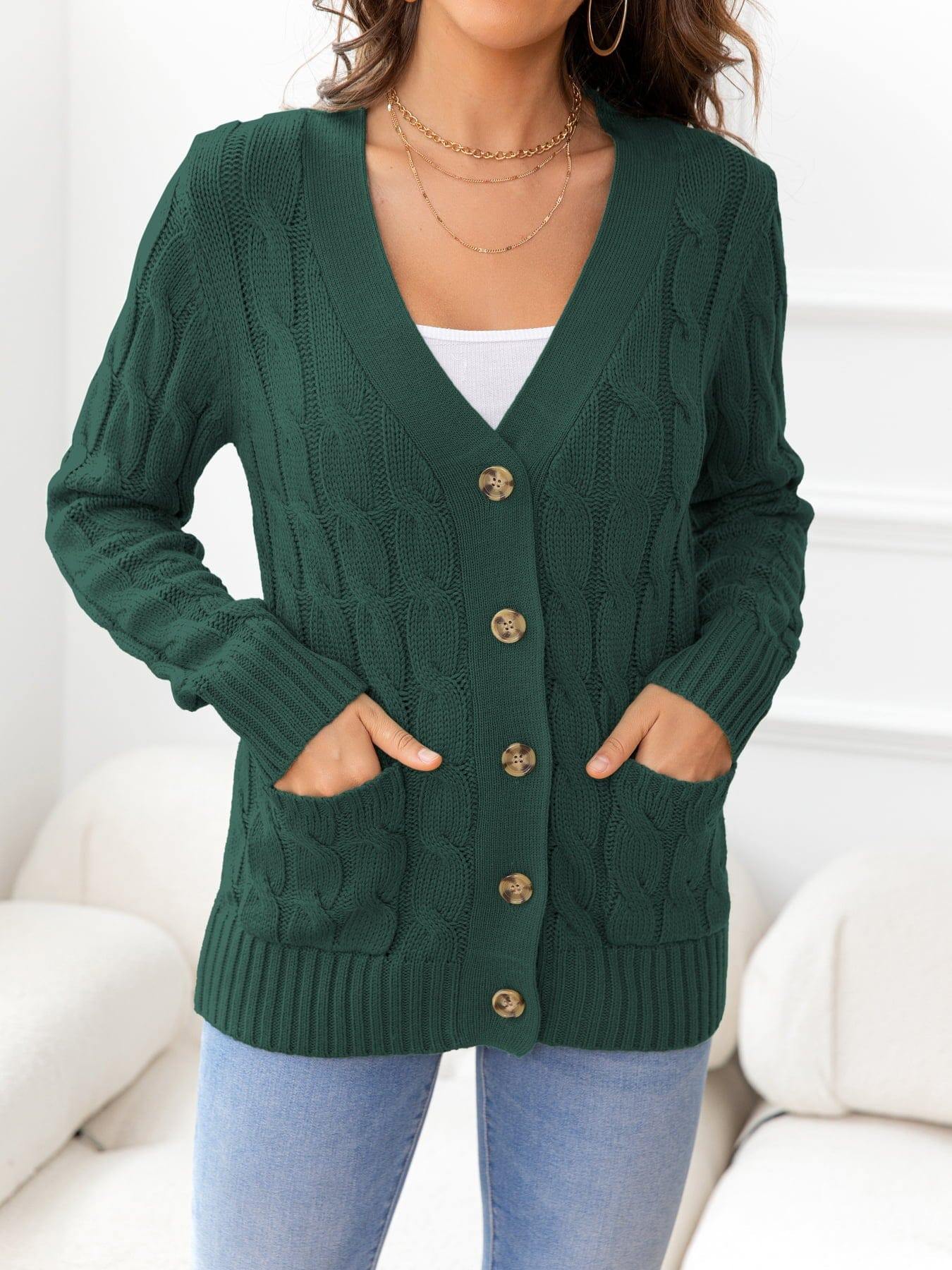 Button Down Cable-Knit Cardigan - Trendsi