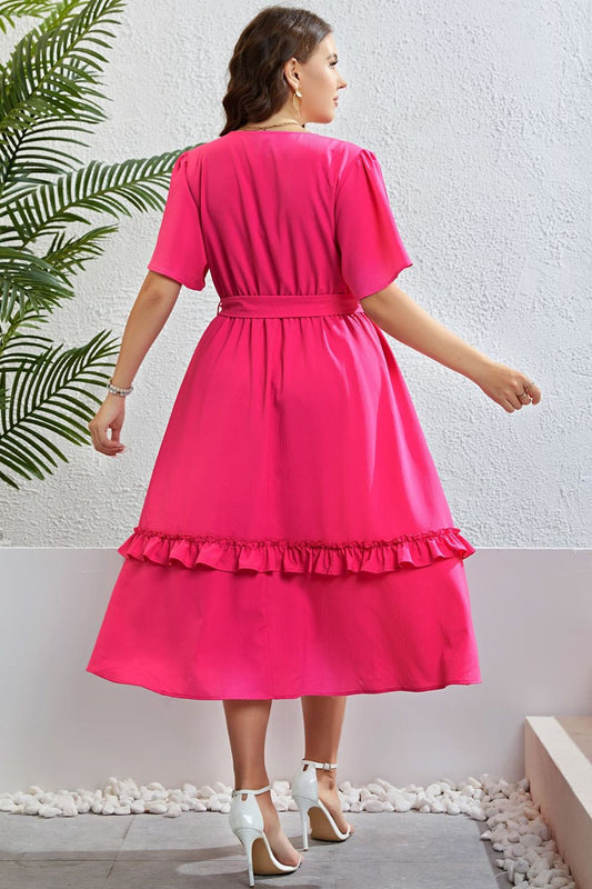 Belted Frill Trim Flutter Sleeve Dress - Flyclothing LLC