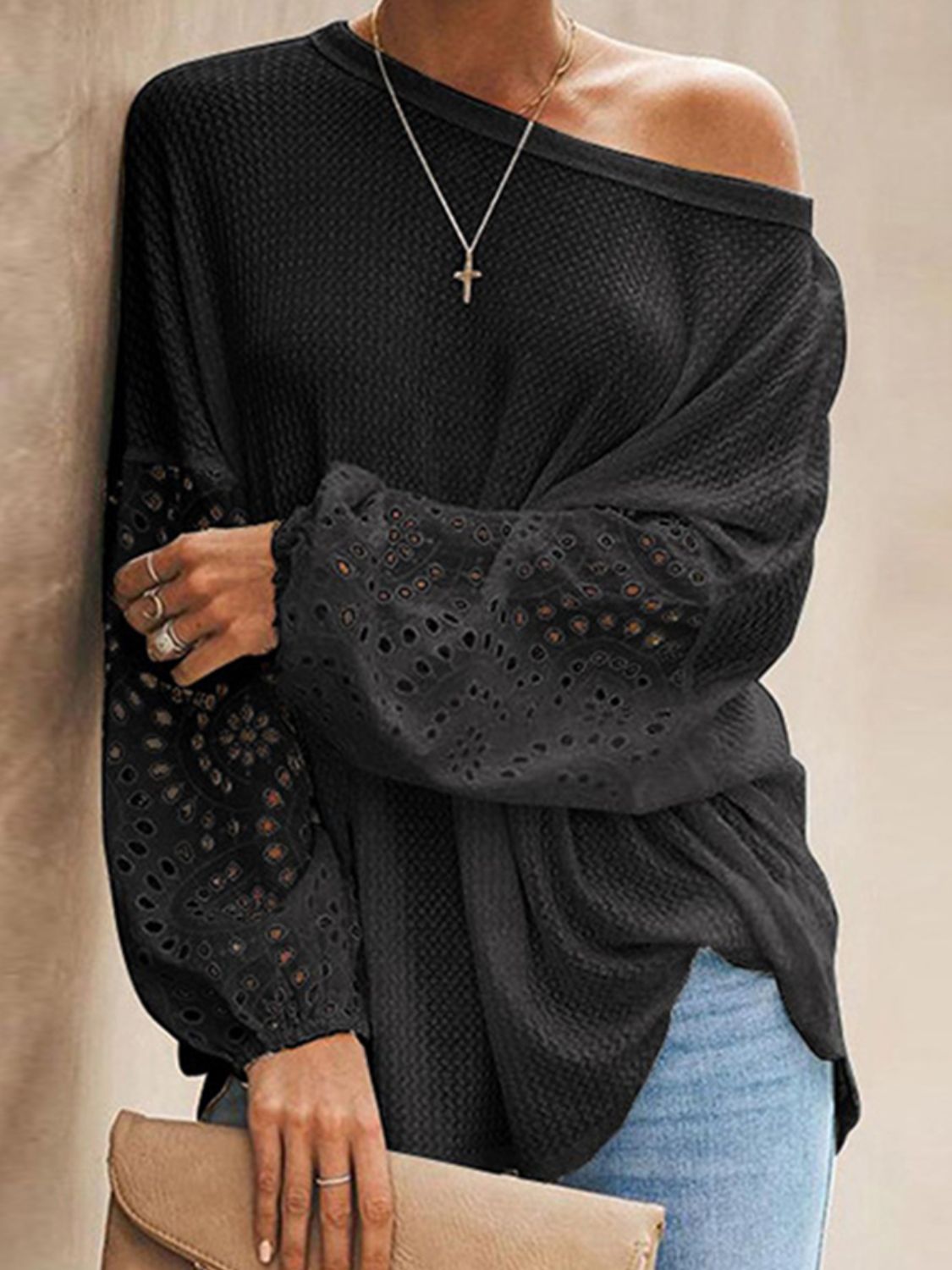 Openwork Dropped Shoulder Boat Neck Blouse - Flyclothing LLC