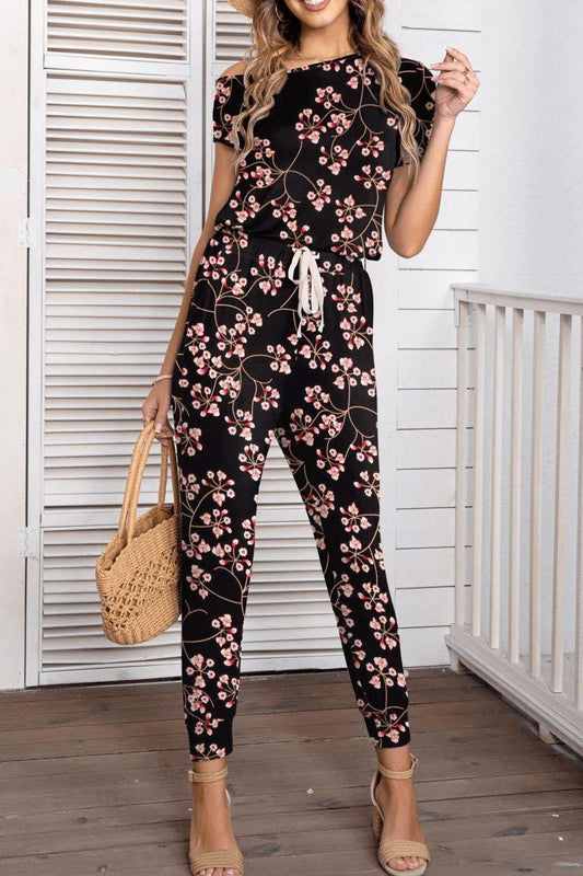 Asymmetrical Neck Short Sleeve Jumpsuit - Trendsi