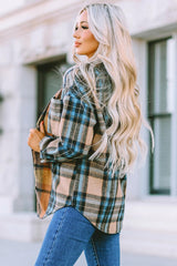 Plaid Curved Hem Shirt Jacket with Breast Pockets - Flyclothing LLC