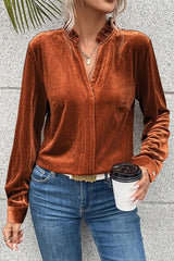 Notched Frill Detail Long Sleeve Blouse - Flyclothing LLC