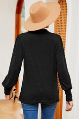 Decorative Button Johnny Collar Lantern Sleeve Blouse - Flyclothing LLC