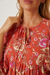 Floral Tie Neck Half Sleeve Dress - Flyclothing LLC