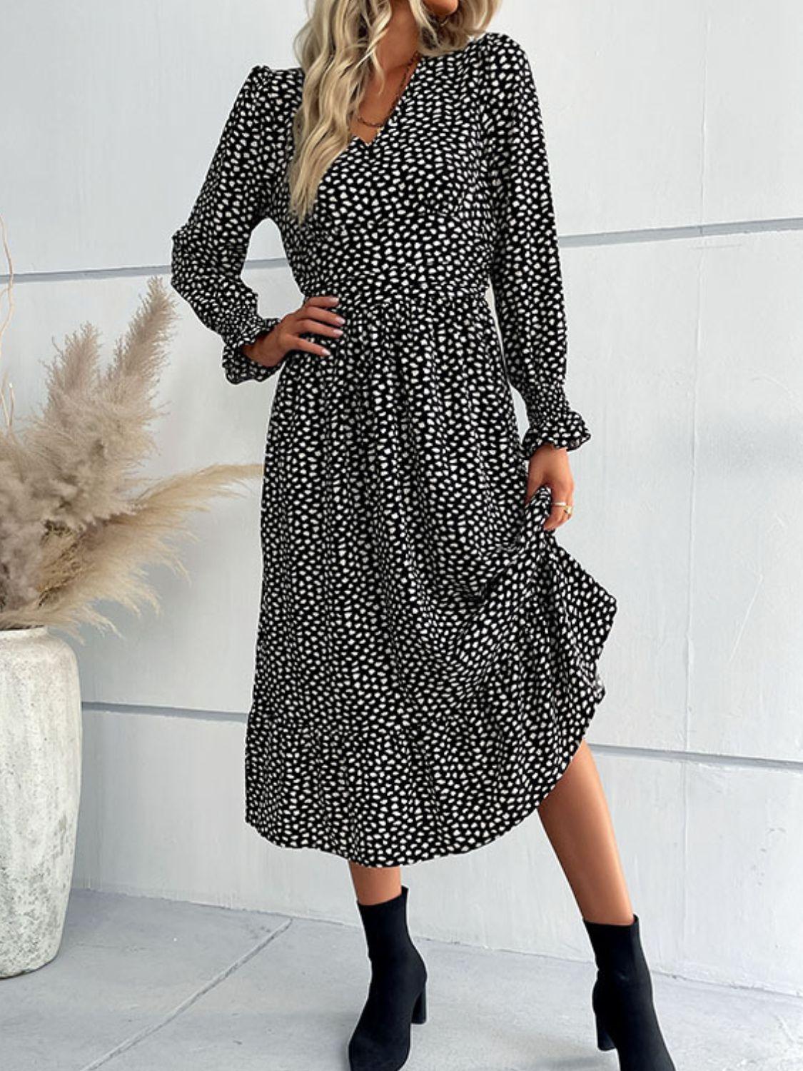 Printed Buttoned V-Neck Flutter Sleeve Dress – Flyclothing LLC