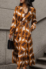 Printed Tied Pocketed Lantern Sleeve Dress - Flyclothing LLC