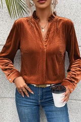 Notched Frill Detail Long Sleeve Blouse - Flyclothing LLC