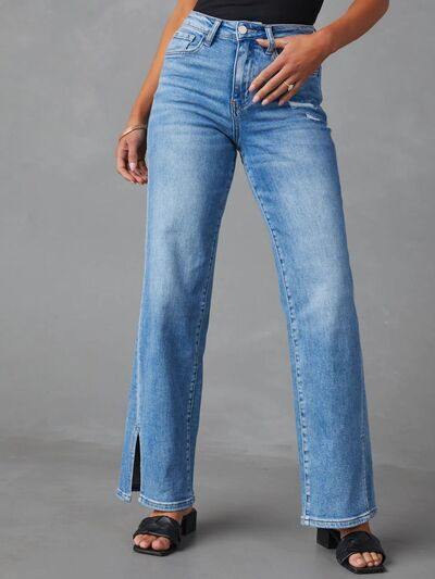 Slit Buttoned Jeans with Pockets - Flyclothing LLC