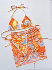 Multicolored Drawstring Ruched Three-Piece Swim Set - Flyclothing LLC