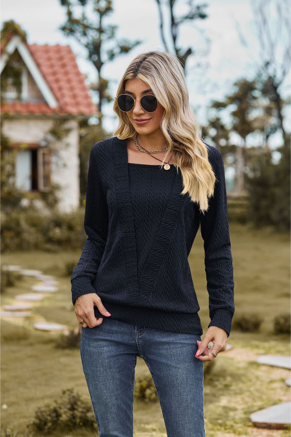 Square Neck Long Sleeve Blouse - Flyclothing LLC