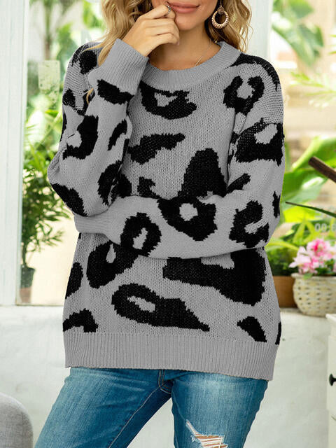 Drop Shoulder Leopard Pullover Sweater - Flyclothing LLC