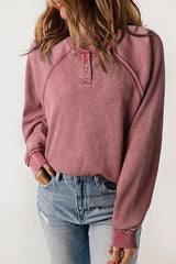 Waffle Knit Raglan Sleeve Henley Sweatshirt - Flyclothing LLC