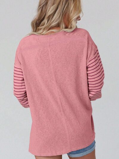 Round Neck Striped Long Sleeve Slit T-Shirt - Flyclothing LLC