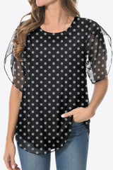 Printed Round Neck Curved Hem Blouse - Flyclothing LLC