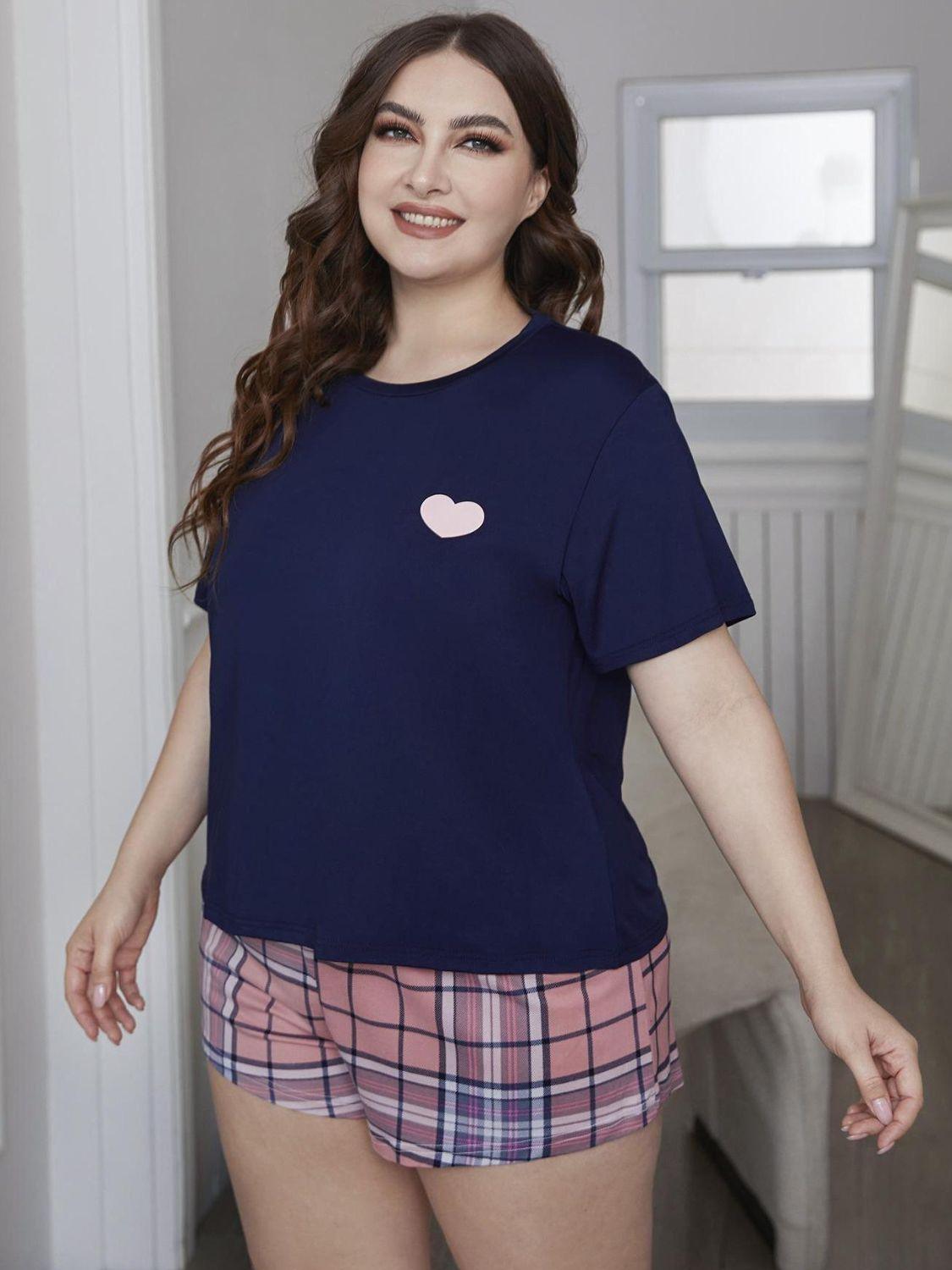 Plus Size Heart Graphic Top and Plaid Shorts Loungewear Set - Trendsi