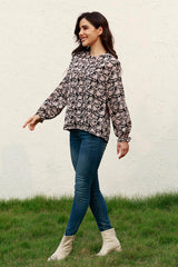 Floral Flounce Sleeve Round Neck Blouse - Flyclothing LLC