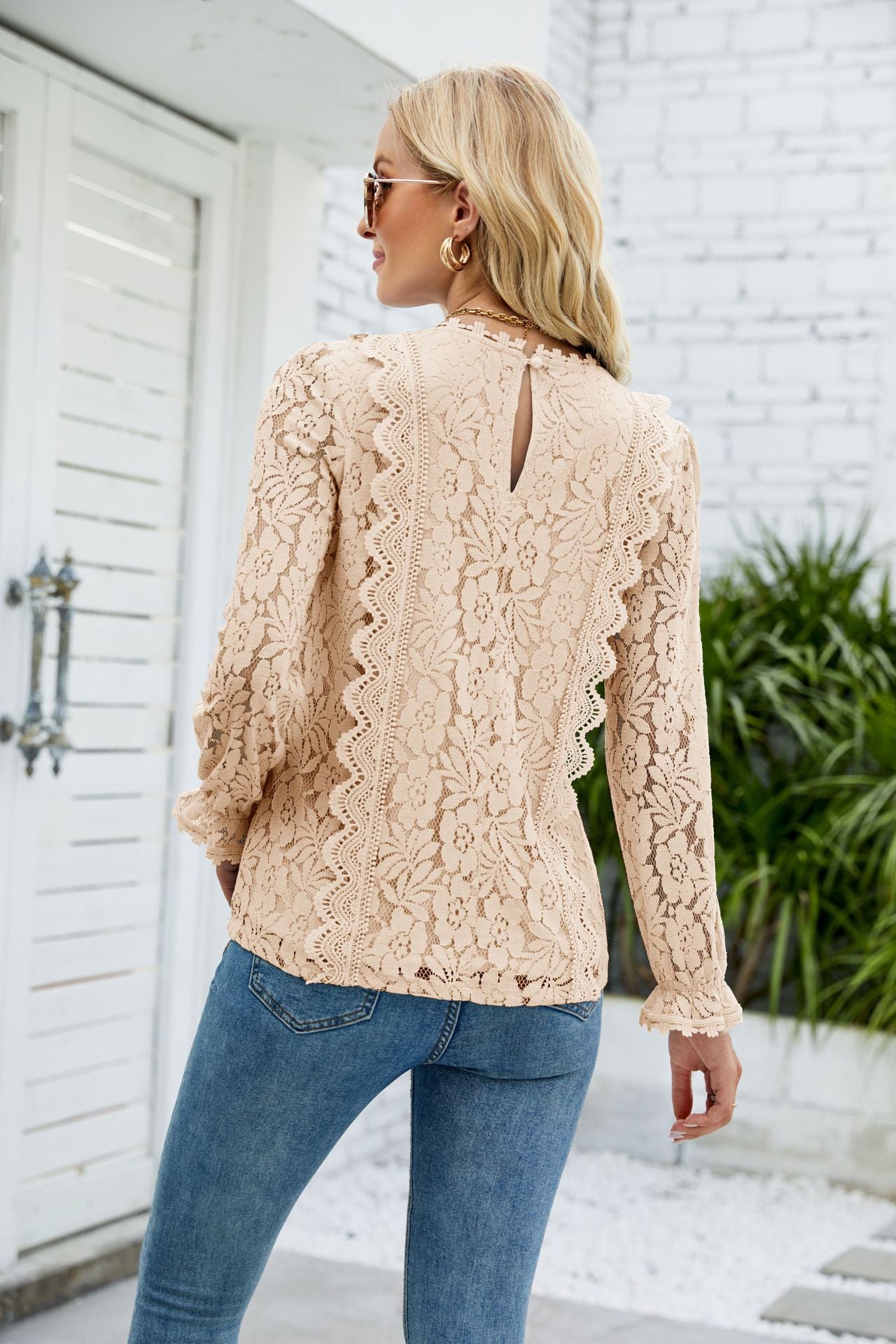 V-Neck Flounce Sleeve Lace Top - Flyclothing LLC