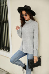 Heathered Slit High-Low Long Sleeve Top - Trendsi