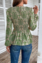 Smocked Printed Balloon Sleeve Blouse - Flyclothing LLC