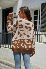 Leopard Ribbed Trim Dropped Shoulder Sweater - Trendsi